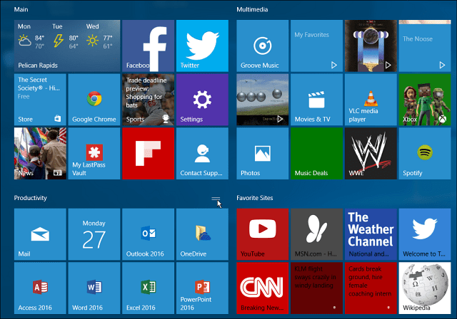 Grupos de blocos do Windows 10, menu iniciar grande