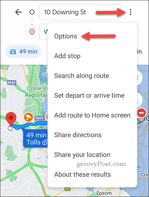 Abra as opções de rotas do Google Maps