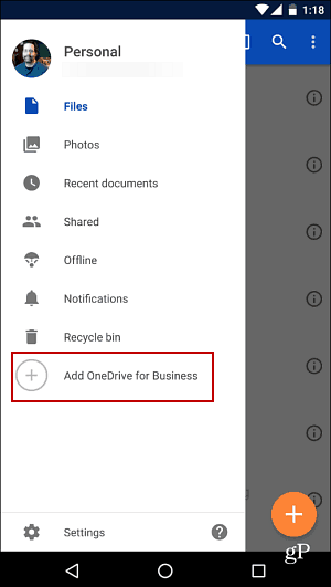 Negócios do Android OneDrive