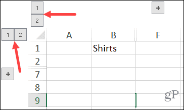Botões numéricos de colunas e linhas agrupadas no Excel no Windows