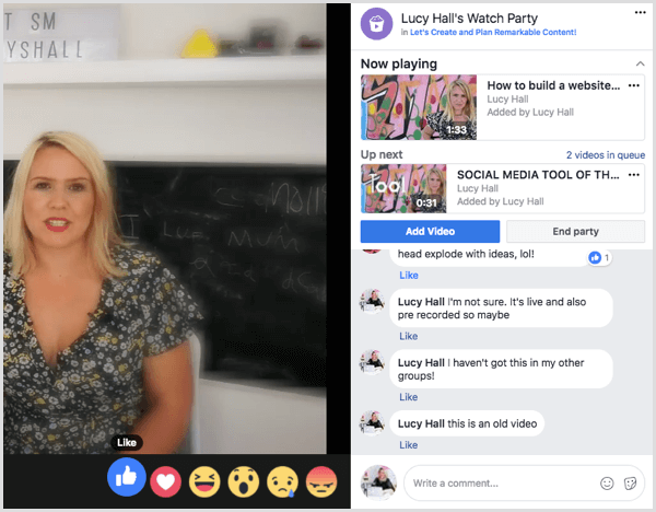 Os membros do grupo podem comentar e reagir aos vídeos durante uma festa para assistir no Facebook.