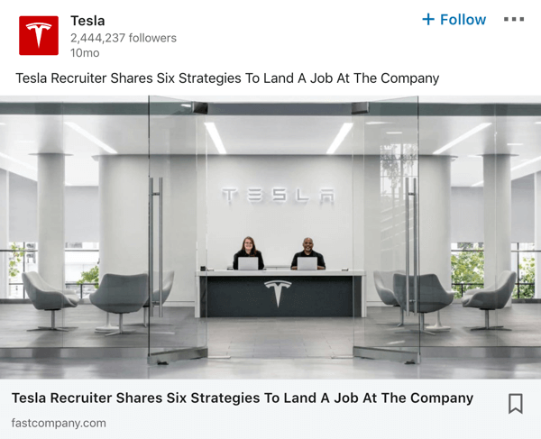 Exemplo de postagem da página da empresa no LinkedIn da Tesla.