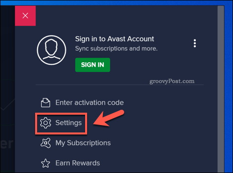 Abrindo o menu de configurações do Avast