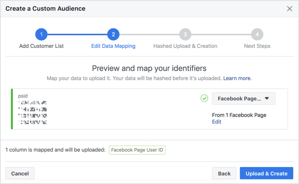 Quando você importa sua lista de assinantes do bot do Messenger para criar um público personalizado, o Facebook mapeia o número de ID de usuário do Facebook, que está vinculado ao perfil.