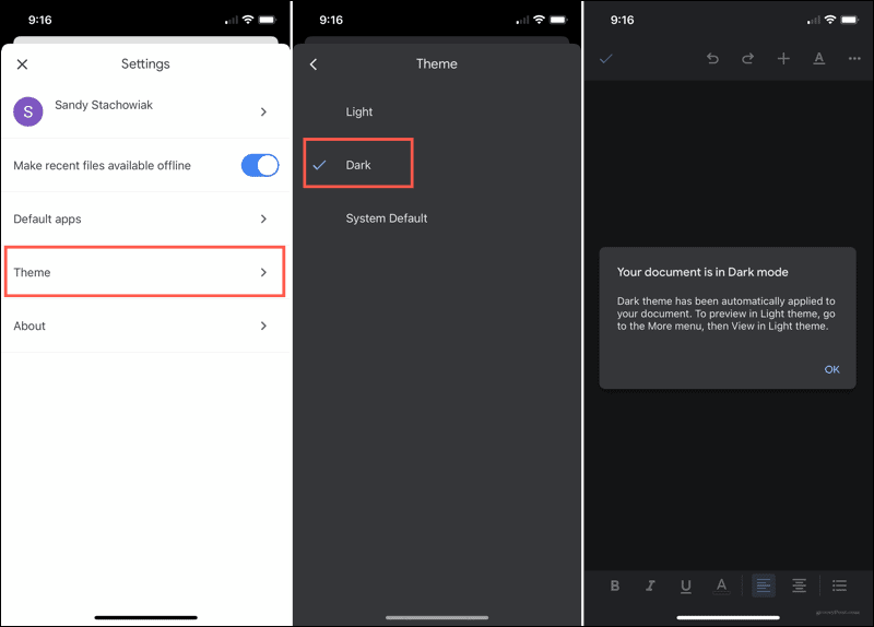 Ative o modo escuro no Google Docs no iPhone