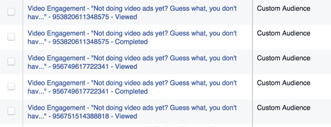 listas de engajamento de anúncios de vídeo do Facebook