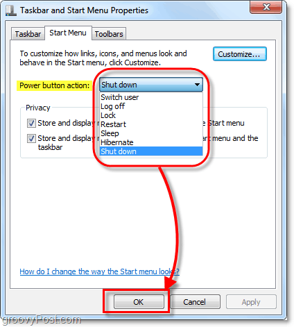 alterar a ação do botão liga / desliga do menu Iniciar no Windows 7