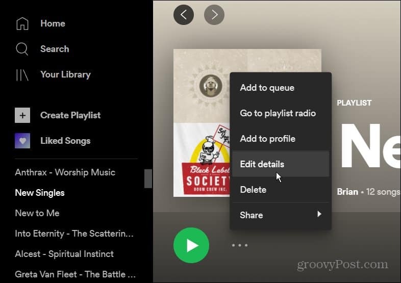 Mais opções do menu Spotify