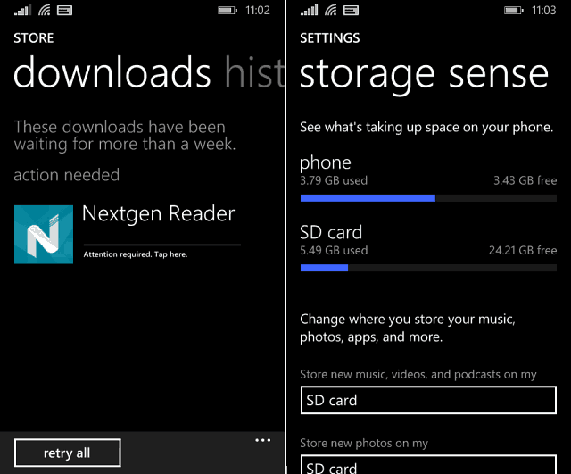 Sentido de armazenamento do Windows Phone