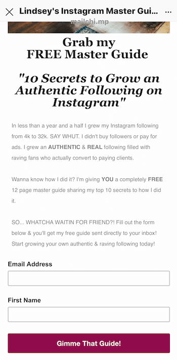 exemplo de página de destino para lead magnet promovido na história do Instagram