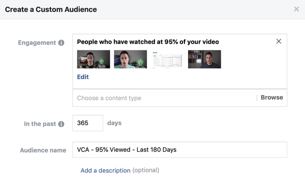 Definir opções para criar um público personalizado do Facebook de pessoas que assistem a um vídeo no Facebook ou Instagram.
