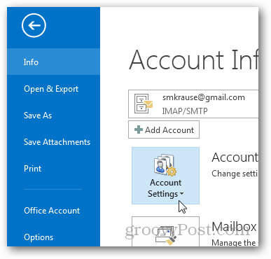 como criar um arquivo pst para o Outlook 2013 - clique em configurações da conta