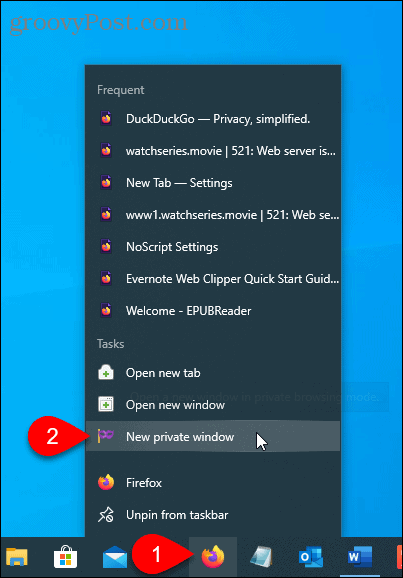 Selecione Nova janela privada no Firefox na barra de tarefas
