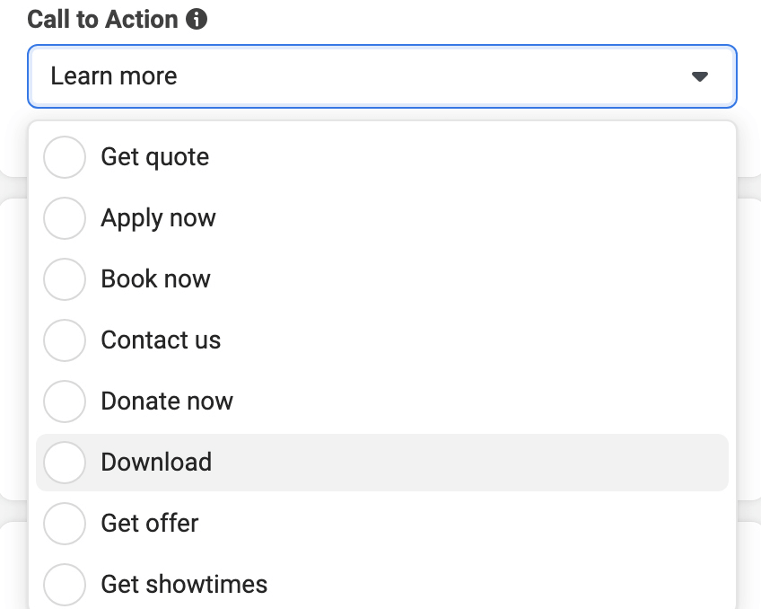 imagem das opções do botão Call to Action no Meta Ads Manager
