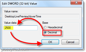 ajuste as propriedades do dword em decimal e valorize os dados em 2500 para windows 7 DesktopLivePreviewHoverTime