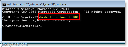 Captura de tela do Windows 7 - digite bcdedit / timeout 180 no cmd