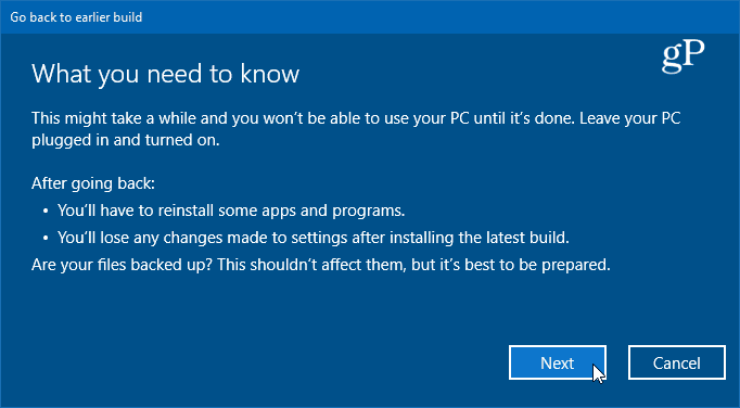detalhes sobre a reversão para a versão anterior do Windows 10