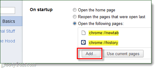 Inicialização do Chrome Adicione páginas para abrir