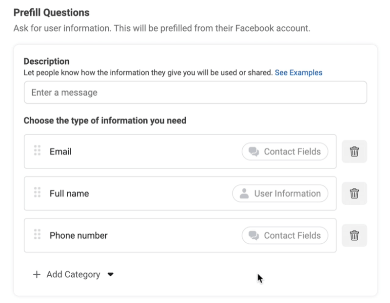 anúncios de leads do Facebook criam uma nova opção de formulário de lead para adicionar perguntas pré-preenchidas com exemplos usados ​​de e-mail, nome completo e número de telefone