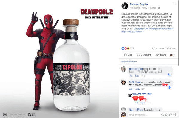 O burburinho inicial da aquisição de Deadpool fez as pessoas falarem e compartilharem a marca Espolòn.