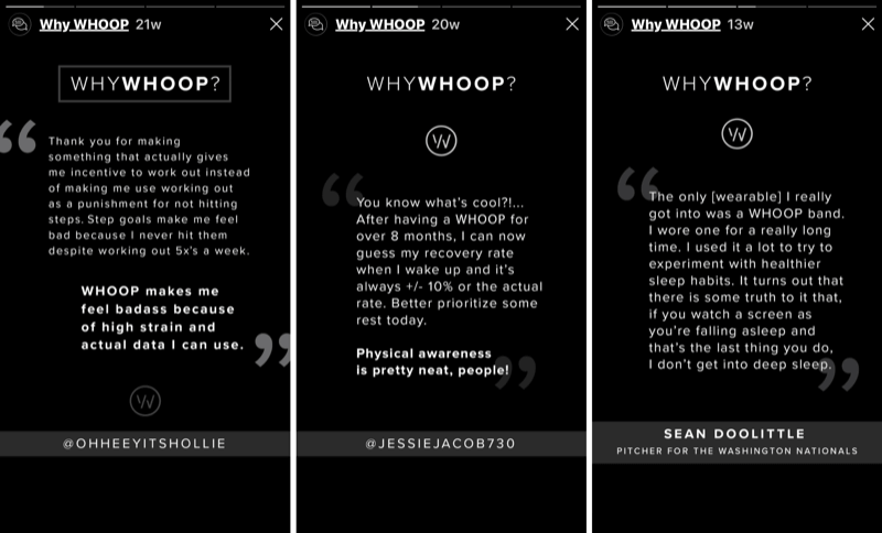 3 segmentos de histórias do Instagram com depoimentos de clientes para WHOOP