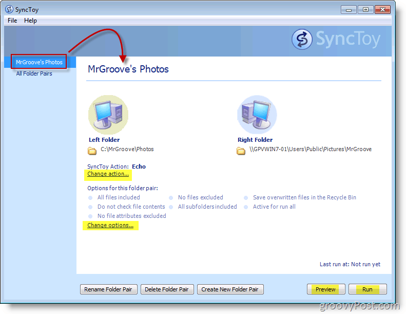 Captura de tela do menu principal do Microsoft SyncToy