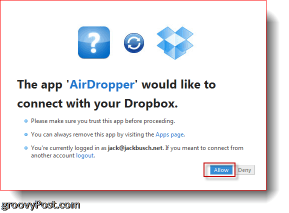 AirDropper Dropbox - conecte o aplicativo ao Dropbox