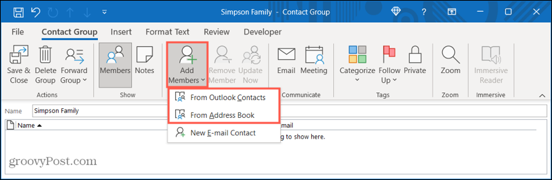 Adicionar membros a um novo grupo de contatos no Outlook