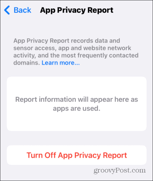 relatório de privacidade do aplicativo em execução
