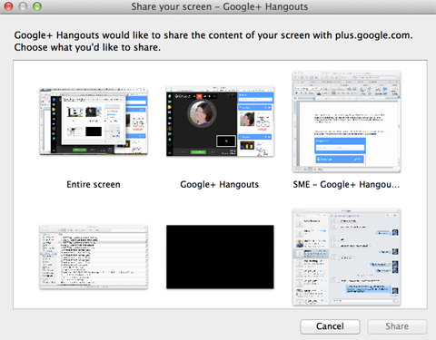 opções de compartilhamento de tela do Google + hangouts