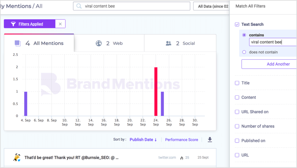 Filtre as menções do nome da marca por nome do projeto no BrandMentions.