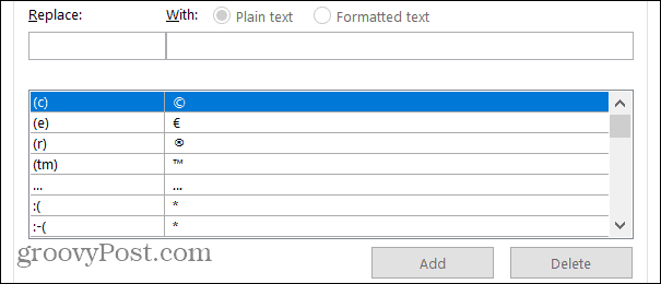 Substituições no Word no Windows