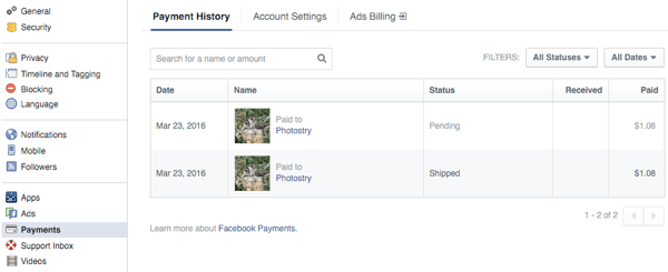 os clientes visualizam os pedidos na seção de pagamentos das configurações do Facebook