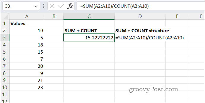 Resultado médio de SUMCOUNT no Excel