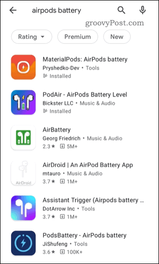 Uma lista de aplicativos de status de AirPods de terceiros na Google Play Store