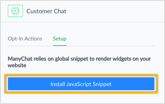 Botão de instalação do snippet de JavaScript do ManyChat