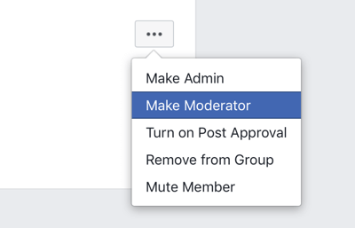 Como melhorar sua comunidade de grupo no Facebook, opção de menu de grupo no Facebook para tornar um membro um moderador 