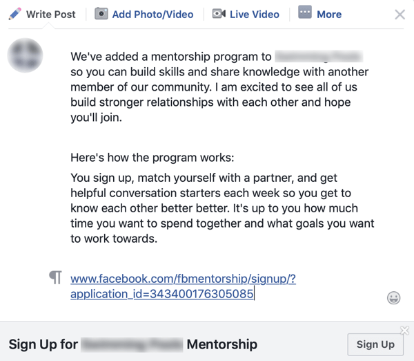 Como melhorar sua comunidade de grupo no Facebook, exemplo de anúncio de grupo para um programa de mentoria no Facebook