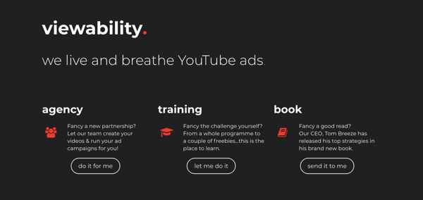 Captura de tela do site da Viewability, uma agência de anúncios do YouTube.