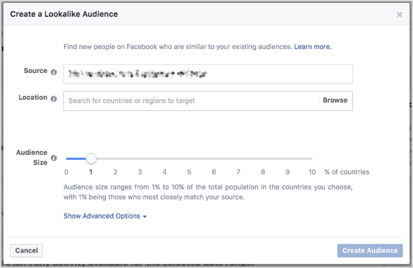 Defina o tamanho do público semelhante ao do Facebook. Você pode controlar o tamanho com um controle deslizante que aparece quando você cria o público.