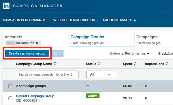 Como criar um anúncio de texto no LinkedIn, etapa 2, criar grupos de campanha