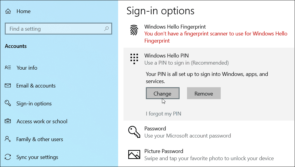 alterar adicionar PIN Windows 10