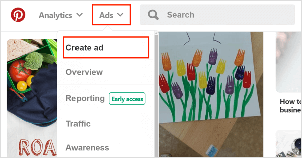 Para criar um anúncio de pesquisa no Pinterest, clique em Anúncios e selecione Criar anúncio.