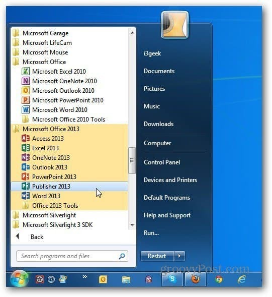 ambas as versões Office Start Windows 7