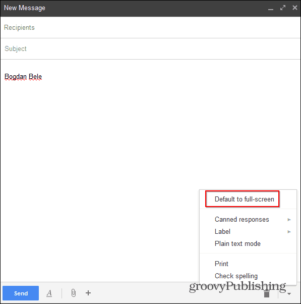 Nova tela de composição do Gmail em tela cheia