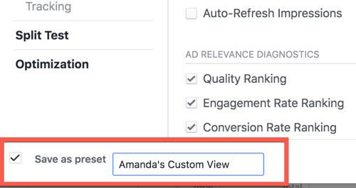 Salvando uma exibição de relatório personalizado no Facebook Ads Manager.