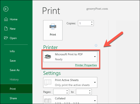 Opção Imprimir em impressora PDF no Excel