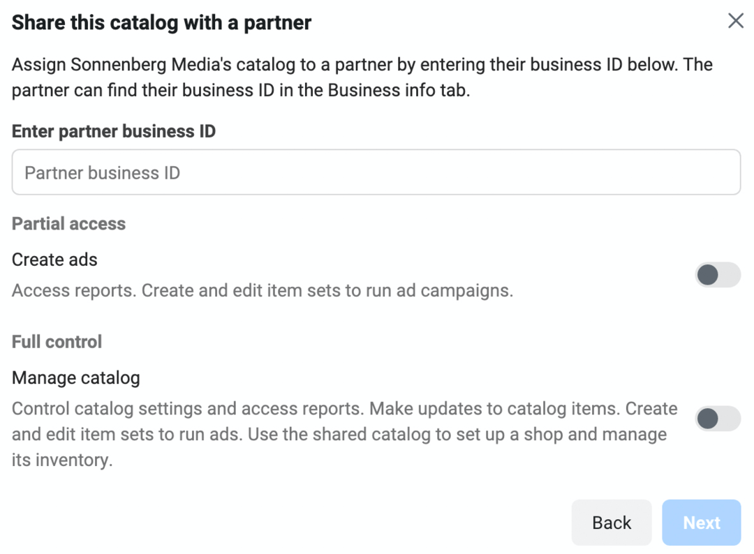 imagem da tela Compartilhar este catálogo com um parceiro no Meta Business Manager