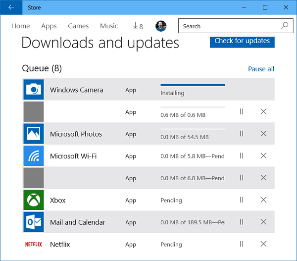 Atualizações de aplicativos do Windows 10