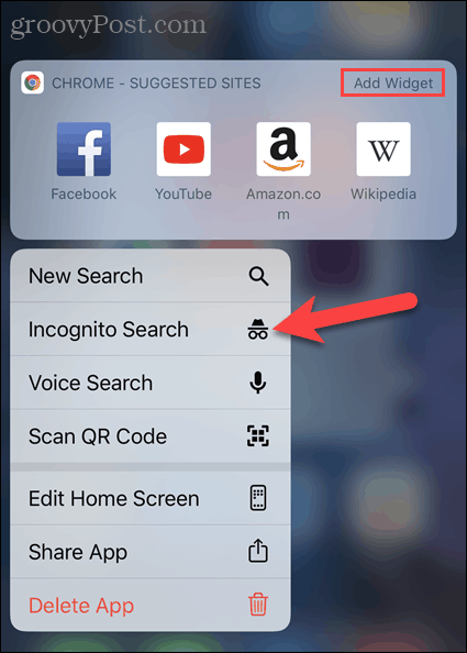 Toque em Nova guia anônima no ícone do aplicativo Chrome no iOS